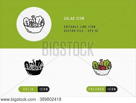 Salad Icons Set Editable Stroke Vector Illustration. Healthy Ingredients Recipe Concept. Icon Line S