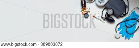 Different Medical Objects On White Background. Health Care. Top View. Place For Text. Copy Space. Ba