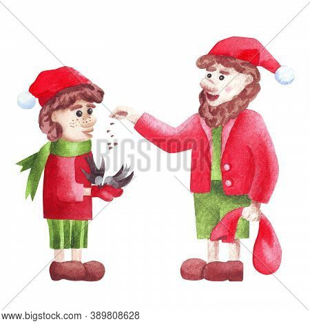 Two Clauss Helpers Young And Adult With Beard And Bag Take Care Of Birds