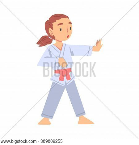 Girl Practicing Karate Martial Art, Kid Doing Sports, Healthy Lifestyle Concept Cartoon Style Vector