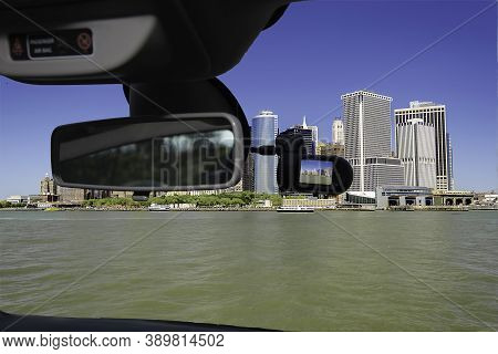 Looking Through A Dashcam Car Camera Installed On A Windshield With View Of The Financial District O
