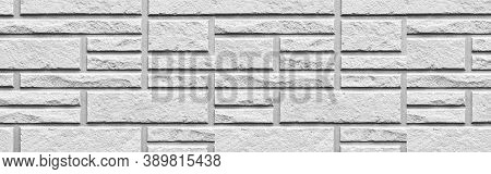 Panorama Of Block Pattern Of White Stone Cladding Wall Tile Texture And Seamless Background