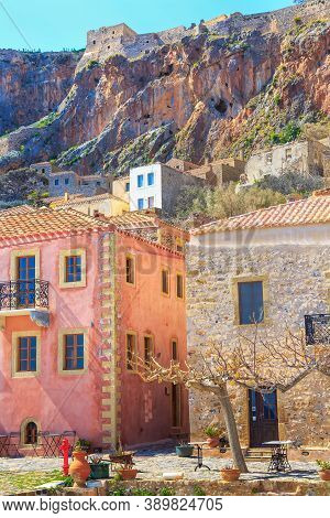 Monemvasia, Peloponnese, Greece Square View With Old Houses And Church Dome In Medieval Town