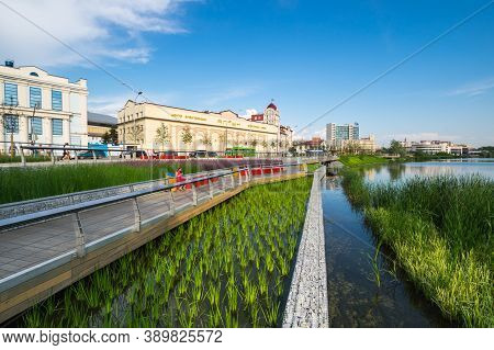 Kazan, Russia - July 16, 2018: Embankment Of The Lake Nizhny Kaban In Kazan, Capital Of Republic Tat