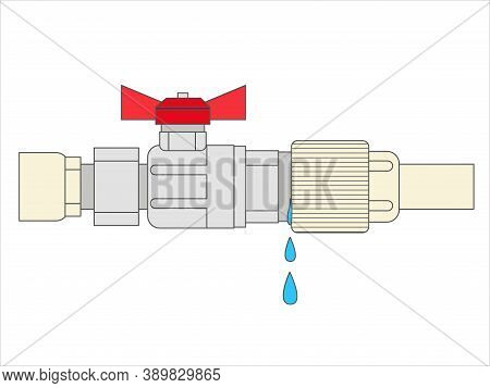 Illustration Of A Leaking Pipe With Leaking Water.  The Broken Pipe. Water Leakage. 
Flat Vector Sty
