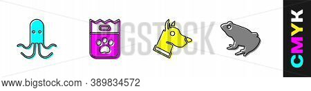 Set Octopus, Bag Of Food, Dog Head And Frog Icon. Vector