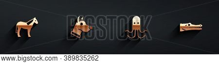 Set Horse, Dog Head, Octopus And Crocodile Icon With Long Shadow. Vector