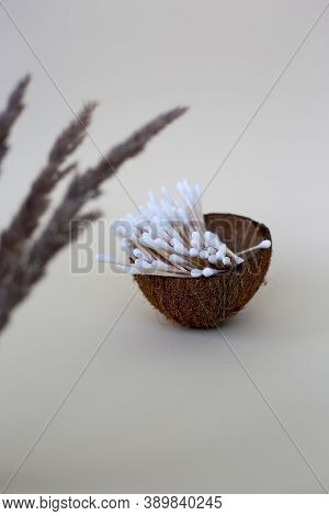 Cotton Ear Swabs With Wooden Base In A Coconut Cup. Zero Waste Concept