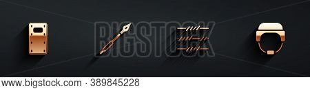 Set Military Assault Shield, Medieval Spear, Barbed Wire And Helmet Icon With Long Shadow. Vector