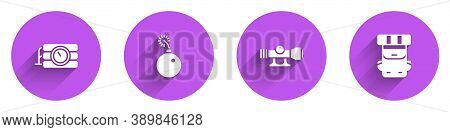 Set Dynamite And Timer Clock, Bomb Ready To Explode, Sniper Optical Sight And Hiking Backpack Icon W