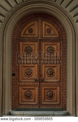 Riga, Latvia- June 29 2020: Old City Architecture, Politician Building Wood Door, Entrie Republic Sa