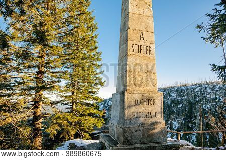 Stone Monument Of Adalbert Stifter At The Plöckenstein (plechy) Mountain Above Plesne Lake In The Bo