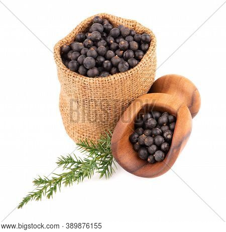 Dry Juniper Berries In Small Burlap Sack With Green Branch, Isolated On White Background. Common Jun