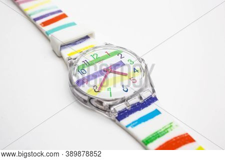 Rome, Italy 07.10.2020 - Swatch Childrens Trendy Fashion Swiss Made Quartz Watch Isolated On White B