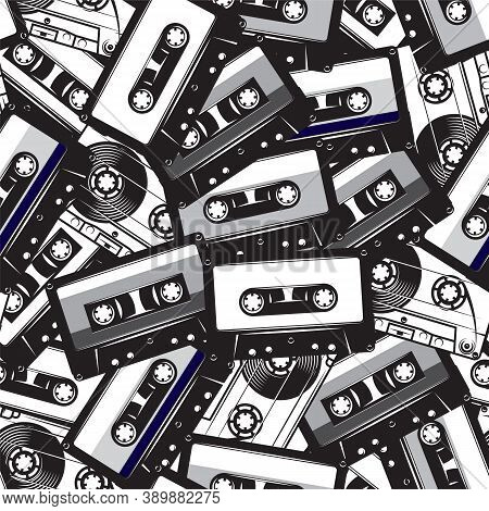 A Set Of Different Audio Cassettes. Seamless Background In Retro Style. Vector Illustration.