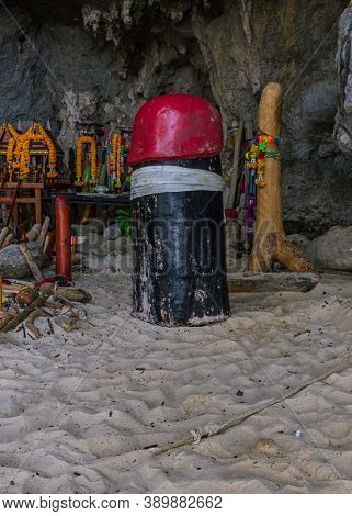 Thailand Phra Nang Cave, Many Colorful Men Wooden Organs. Lingams Are A Symbol Of The Hindu God Shiv