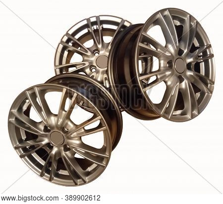 New Cast Silver Car Wheels On White Background