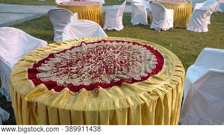 Round Beautiful Table Decorated For Marriage Celebration In Indian Wedding Decoration With Chairs Ar