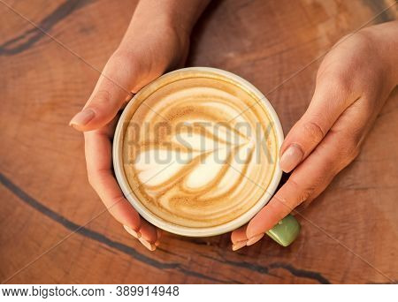 Coffee Shop And Cafe Concept. Female Hands Cappuccino. Design On Surface Of Latte. Challenge For Lat
