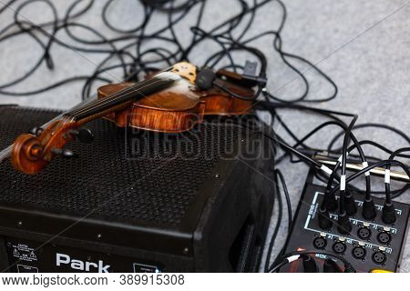 Detail Of A Violin, Musical Instrument, Dark Background, Top View