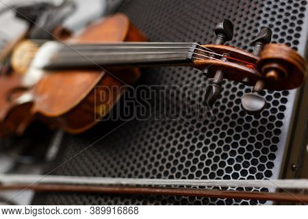 Detail Of A Violin, Musical Instrument, Dark Background, Top View