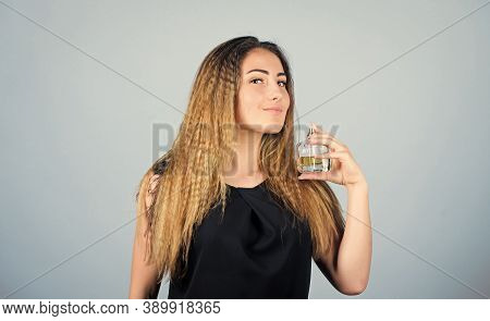 Beauty Never Sleeps. Sexy Girl Hold Perfume. Toilette Water. Woman With Bottle Of Perfume. Girl Appl
