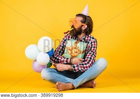 Anniversary. Have A Happy Holiday. Party Time. Happy Birthday To You. Bearded Mature Man Celebrate B