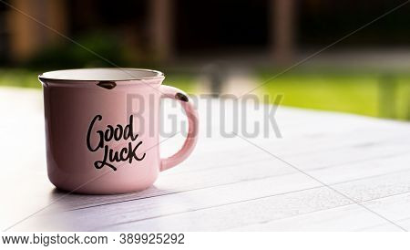 Cup Of Coffee. Pink Cup With Coffee, Latte, Cappuccino On A Light Wooden Background. Coffee Time.