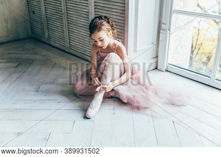 Young Classical Ballet Dancer Girl In Dance Class. Beautiful Graceful Ballerina In Pink Tutu Skirt P