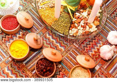 Arabic Or Turkish Quisine. Middle East Quisine. Assorted Appetizers On A Plate.