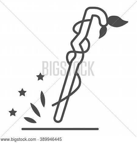 Magic Staff Thin Line Icon, Halloween Concept, Cane Stick With Leaves Sign On White Background, Wiza