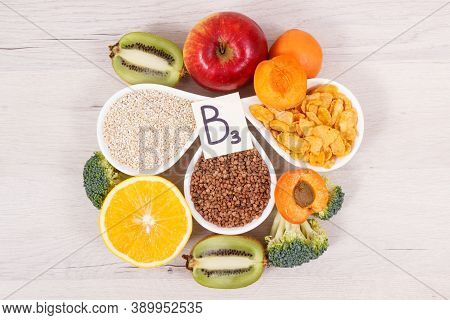 Nutritious Ingredients And Products Containing Vitamin B3 And Other Natural Minerals, Concept Of Hea
