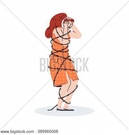 Depressed Young Woman Stands Entangled By Barbed Wire. A Sad, Unhappy, Powerless, Desperate Girl Cov