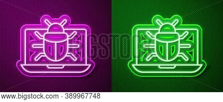 Glowing Neon Line System Bug On Monitor Icon Isolated On Purple And Green Background. Code Bug Conce