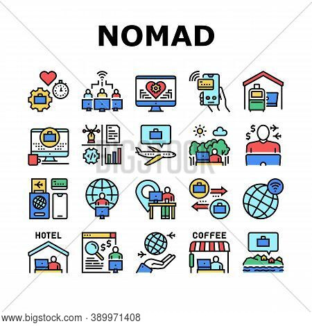 Digital Nomad Worker Collection Icons Set Vector