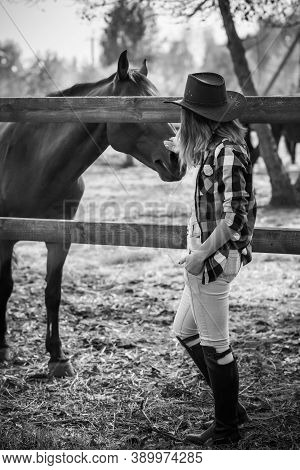 American Woman On A Horse Farm. Portrait Of Girl In Cowboy Hat With A Horses. Hippotherapy At Nature