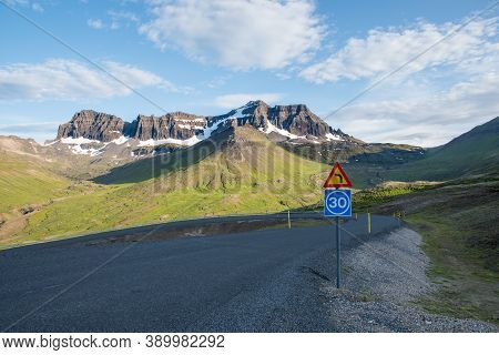 The Road Through Mountain Pass Of Vatnsskard In East Iceland
