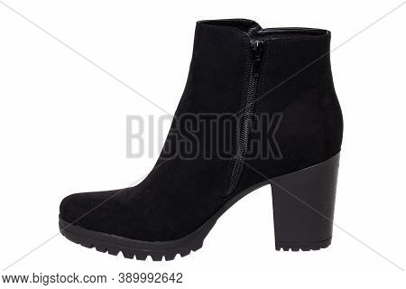 Leather Shoes Isolated. Close-up Of A Single Of Black Classic Elegant Female Suede Shoe Isolated On 