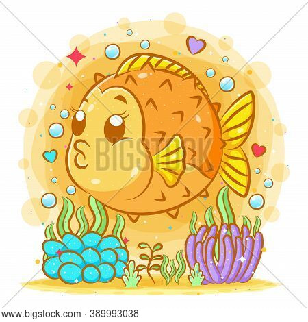 Cute Yellow Fish Hedgehog With His Big Body Under The Sea