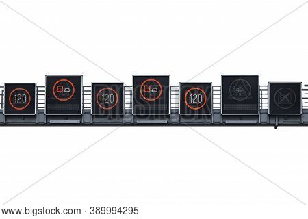 Led Signs Forbidding Overtaking Trucks And A Speed Limit Of 120 Kilometers Per Hour Hanging Over The