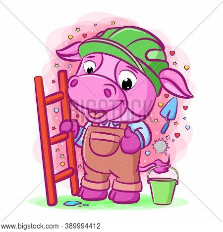 The Cartoon Of The Purple Builder Cow Holding Ladder And Standing Near The Pail