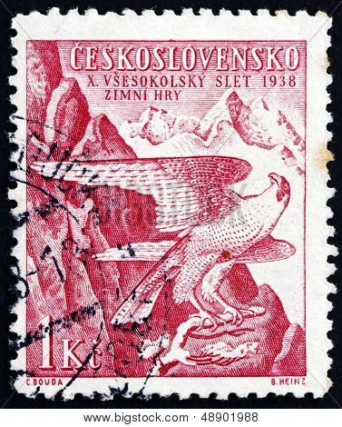 Postage Stamp Czechoslovakia 1938 Peregrine Falcon, Sokol Emblem
