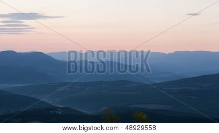 Majestic Sunset In The Mountains Landscape. Crimea, Ukraine