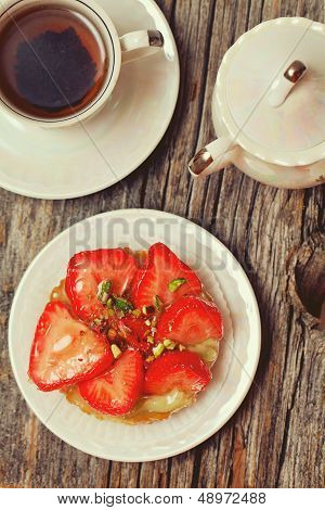 Strawberry Cake And Cup Of Tea