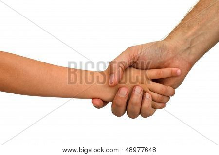 Older man shaking hands with a young boy isolated over a white background.