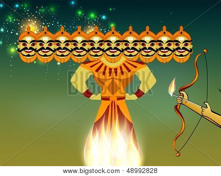 Indiske festival Dussehra koncept med illustration af Ravan med hans ti hoveder i natten baggrund.