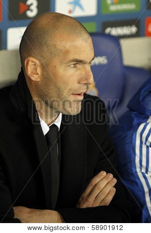 BARCELONA - JAN, 12: Real Madrid Sporting Diretor Zinedine Zidane during the Spanish League match between Espanyol and Real Madrid at the Estadi Cornella on January 12, 2014 in Barcelona, Spain