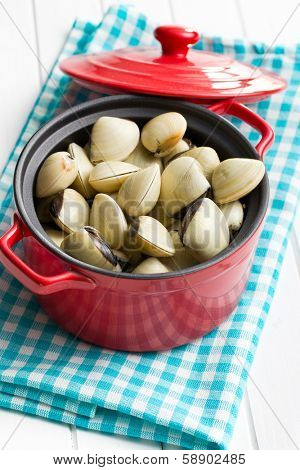 raw clams in red pot