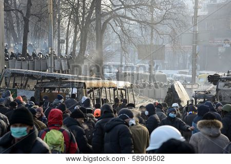KIEV, UKRAINE - JANUARY 20, 2014: Anti-government protest in Kiev,  Grushevsky str.  Mass meeting for the government's resignation.