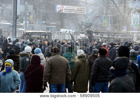 KIEV, UKRAINE - JANUARY 20, 2014: Anti-government protest in Kiev,  Grushevsky str.  Mass meeting for the government's resignation.